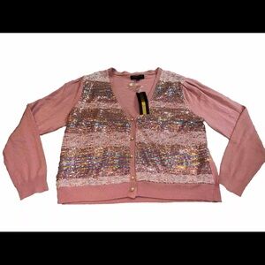 Joseph A Cardigan Sweater Womens XL Pink  Knit Sequin Bodice Button-Up Party